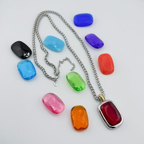 Signed Joan Rivers Interchangeable Glass Gem Necklace 9 Colors Silver Tone Chain - Picture 1 of 14